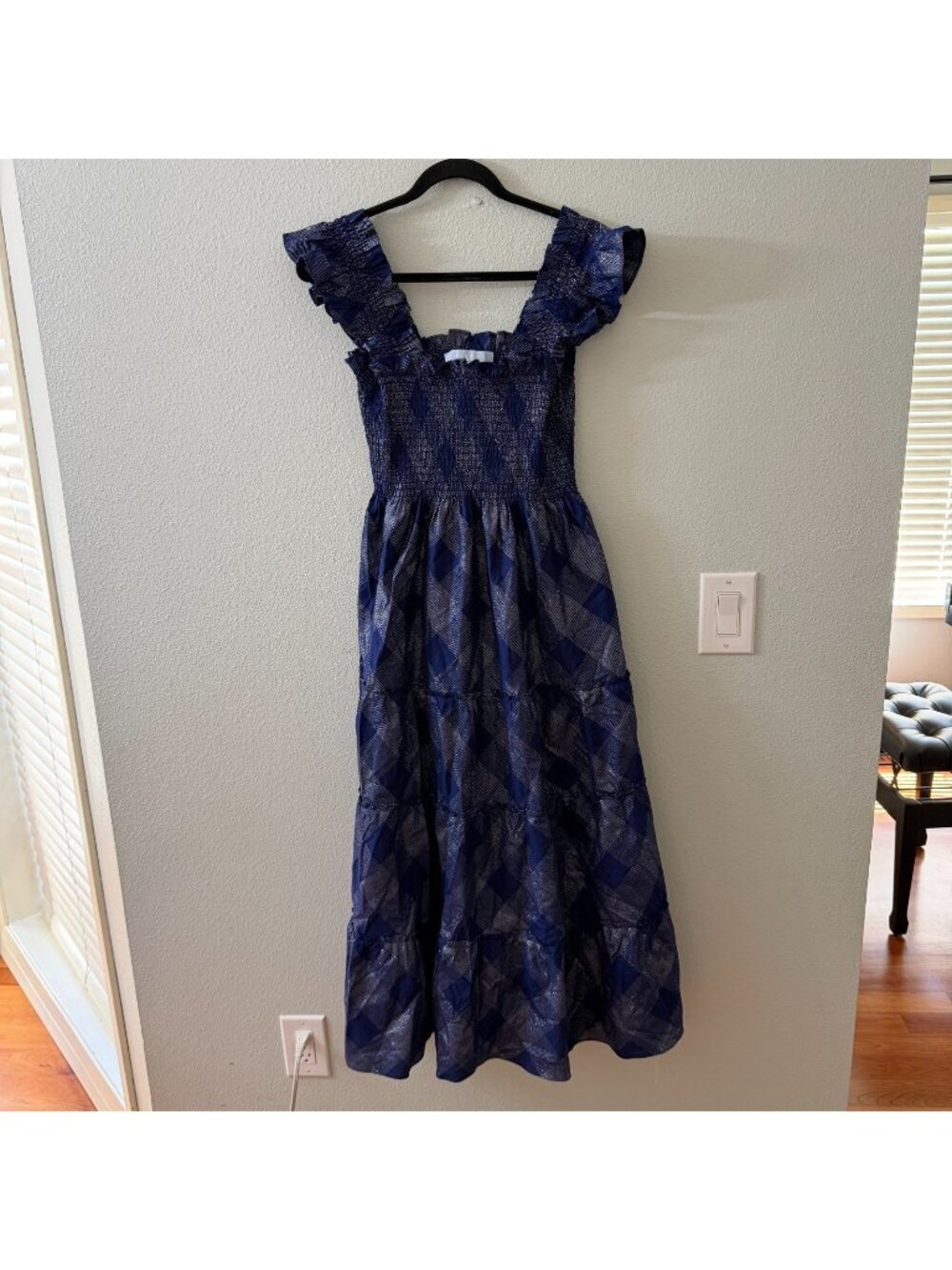 Hill House. Home Ellie Nap Dress Navy Glitter Check Womens SMALL Midi